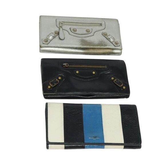 BALENCIAGA Wallet Leather 3Set Black Silver blue Auth - Picture 1 of 16